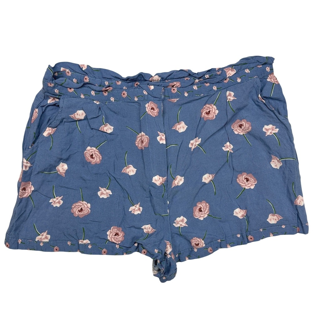 New Look Womens XL Blue Pink Floral Rayon Paperbag Waist High Rise Shorts